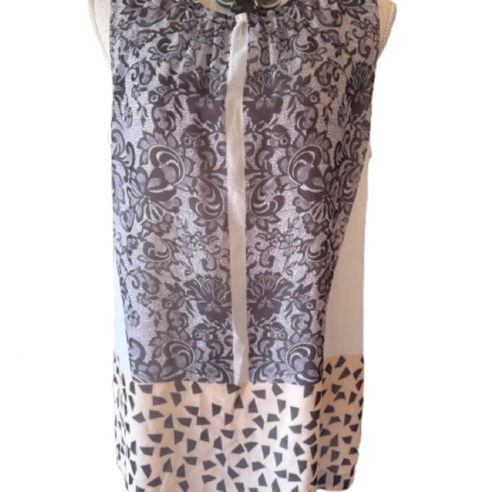 CAbi Rosewater Lace and Geometric Patterned Sleeveless Blouse- Medium